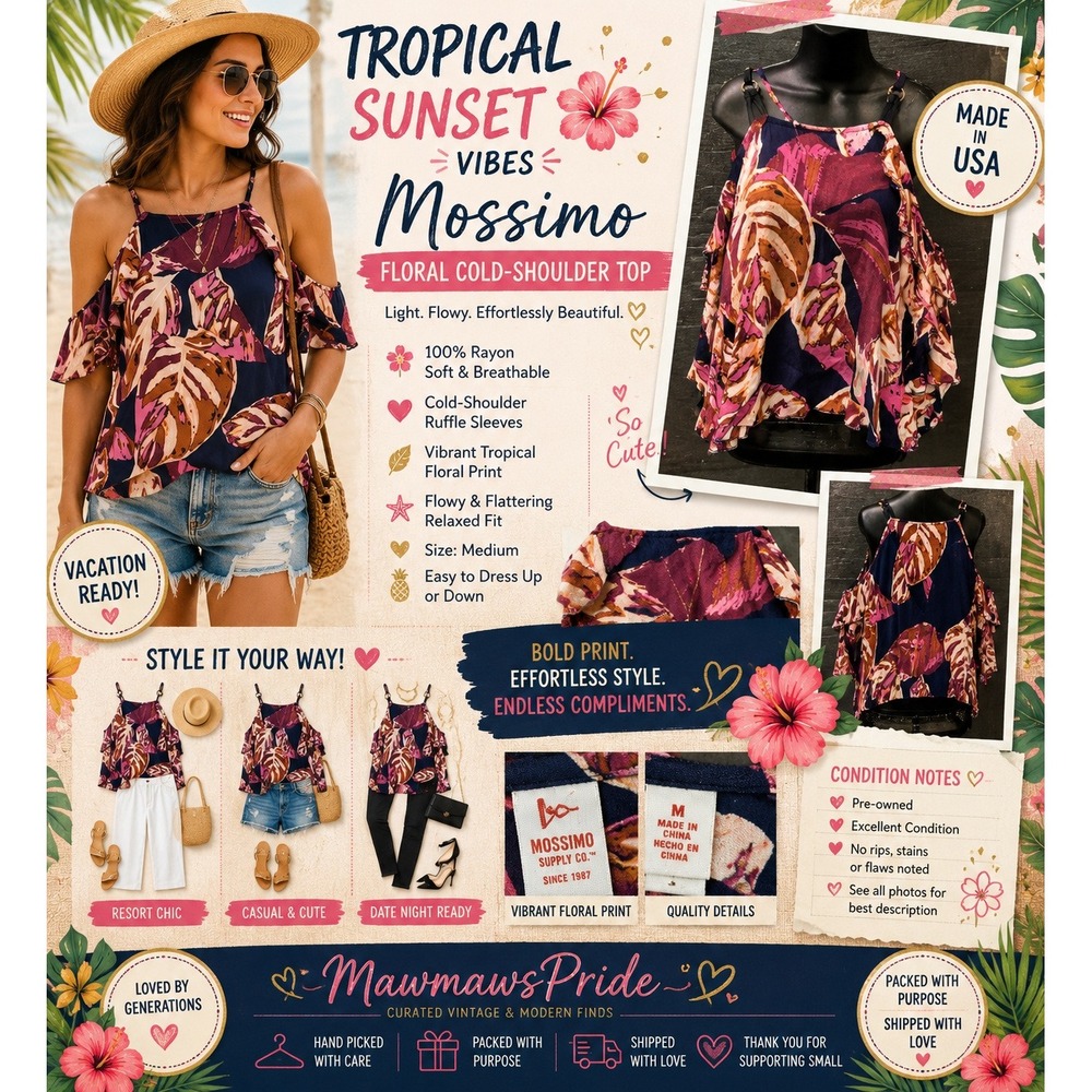Mossimo Tropical Floral Cold-Shoulder Ruffle Top Navy Pink Medium Boho Vacation